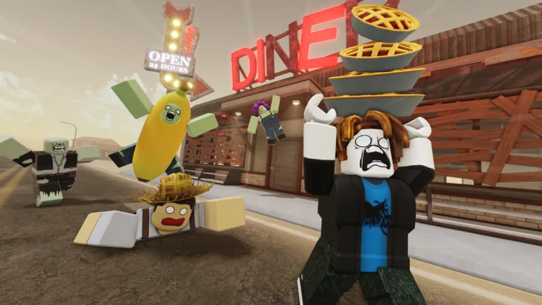 Bake or Die player reaction shot — character with pie tower being attacked by carrot-head and ragged zombie